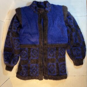 VTG 80s Mohair Wool‎ purple Geometric Pattern sz 36 big shoulders Sweater Jacket